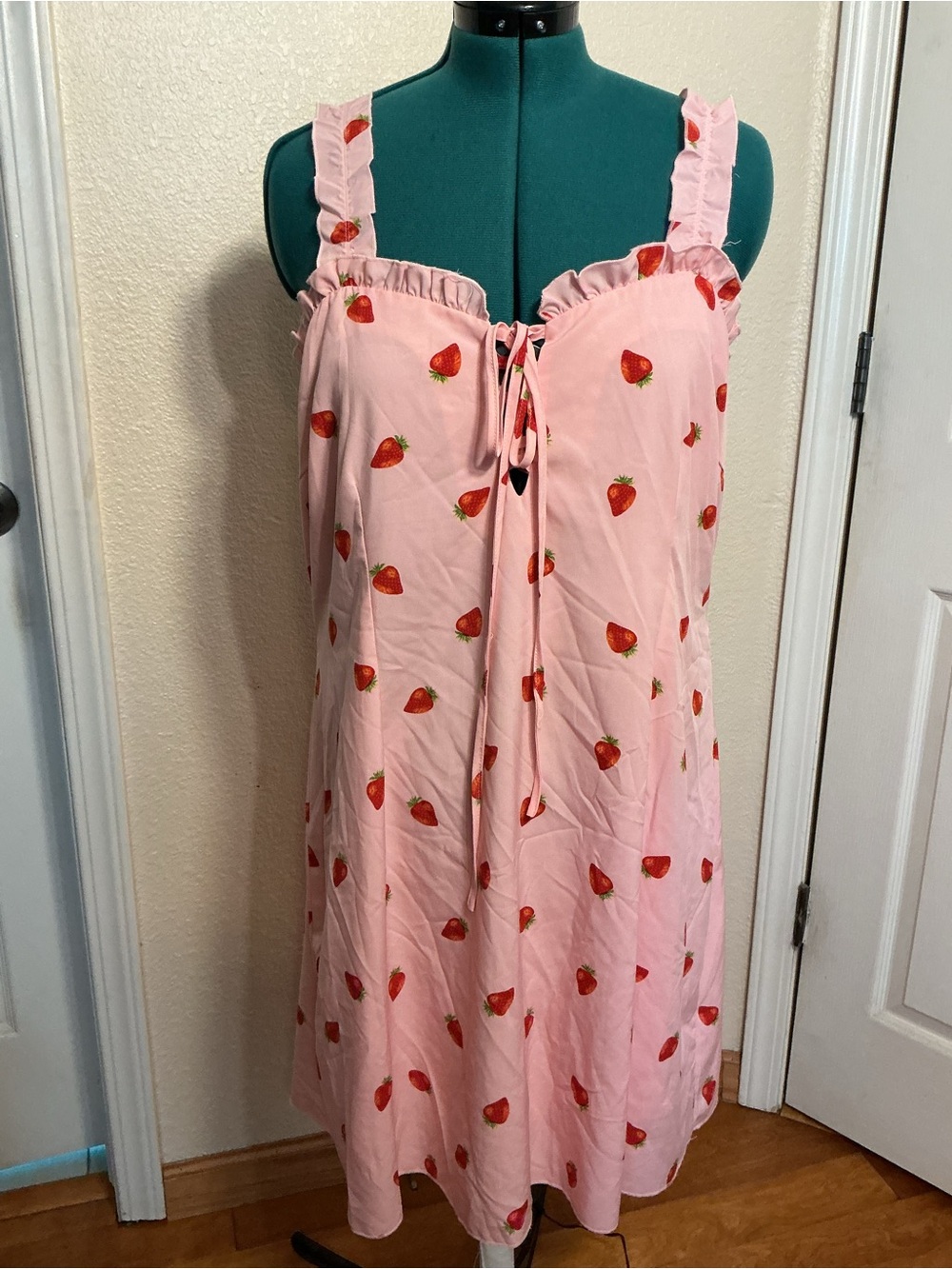 SHEIN Pink Strawberry Print Ruffle-Strap dress